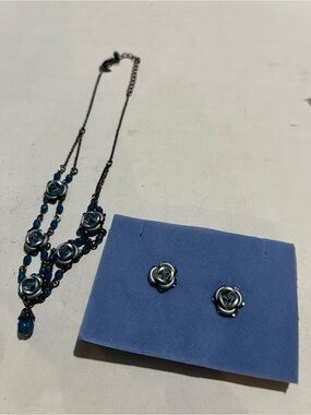 Vintage Blue Rose Necklace and Earrings Gift Set